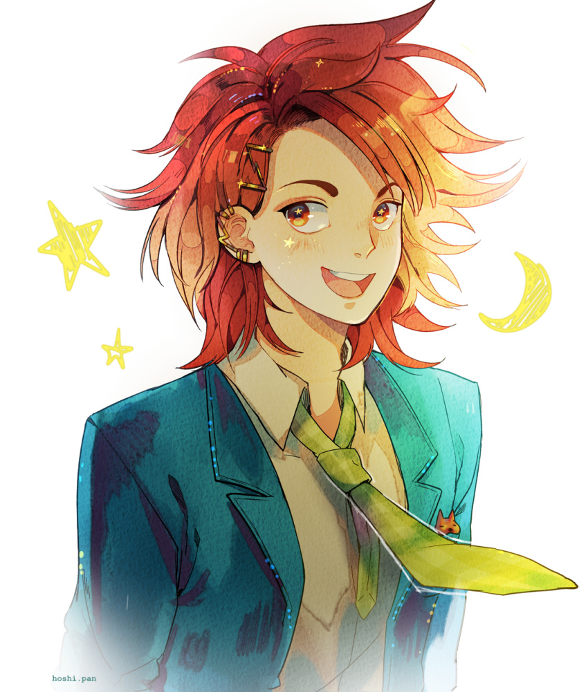 1boy, artist_name, blue_jacket, blush_stickers, brown_hair, chin, coattails, collared_shirt