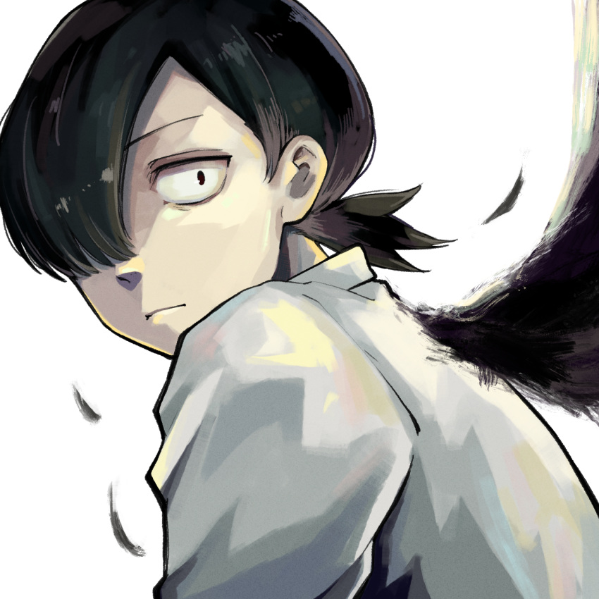 1boy, black_hair, choujin_x, closed_mouth, collared_shirt, cowlick, cropped_torso, feather_collar