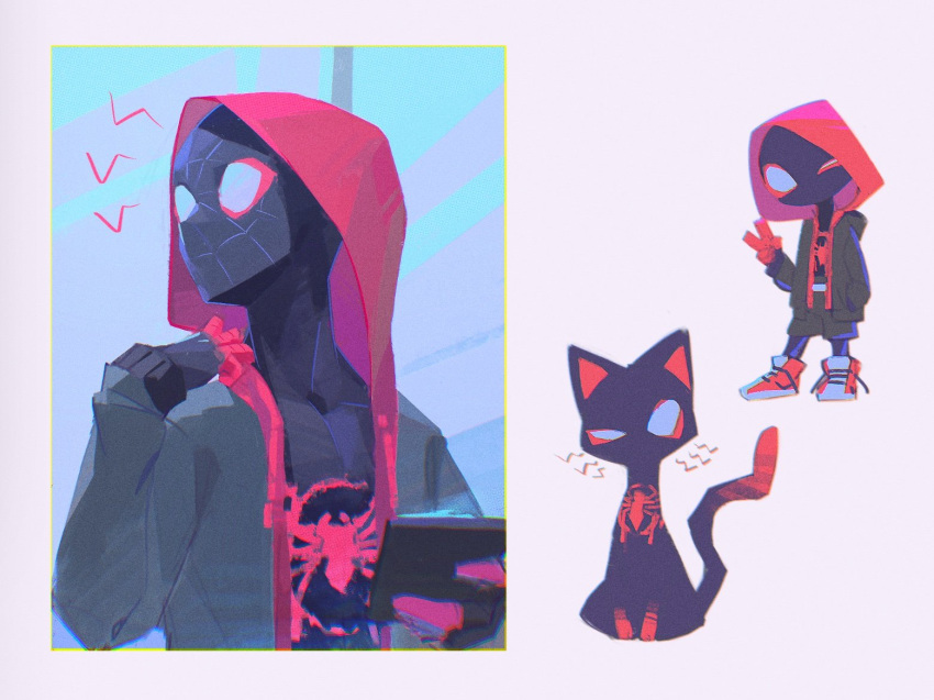 1boy, animal_print, black_coat, black_hoodie, cat, coat, commentary_request, hood