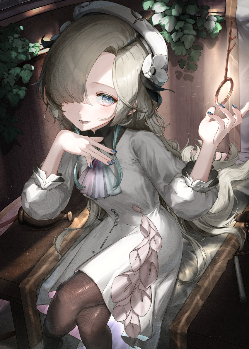 1girl, absurdres, aqua_hair, ascot, beret, black_pantyhose, blue_nails, blush