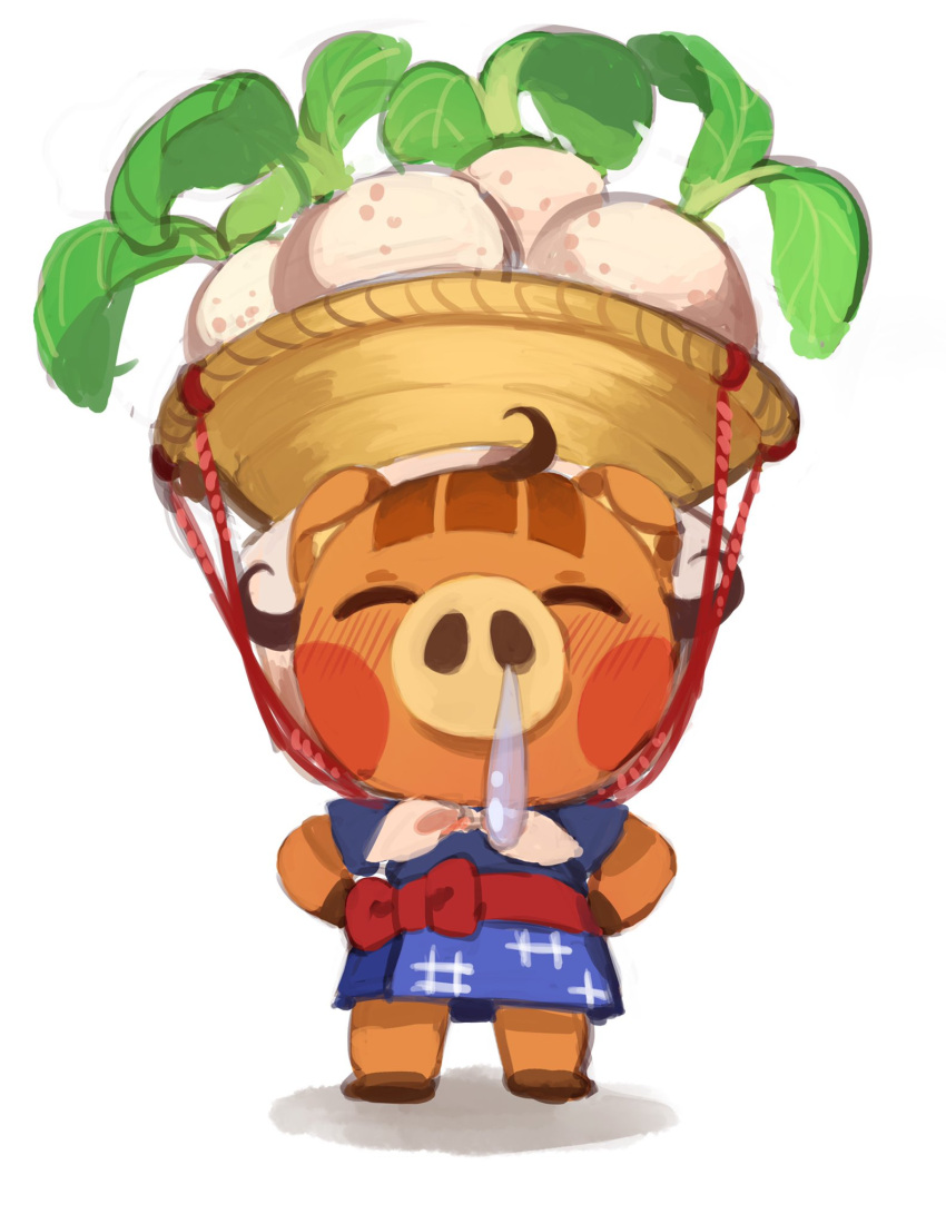 1girl, ^_^, animal_crossing, apron, basket, basket_on_head, blue_apron, blue_kimono