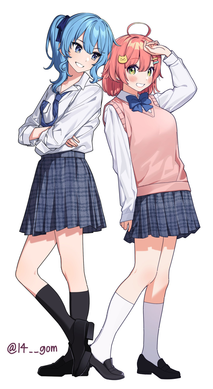 14_(vision5032), 2girls, absurdres, ahoge, alternate_costume, alternate_hair_length, alternate_hairstyle, back-to-back, black_footwear, black_socks, blue_bow, blue_bowtie, blue_eyes, blue_hair, blue_necktie, blue_skirt, blush, bow, bowtie, breasts, cat_hair_ornament, collared_shirt, commentary, crossed_arms, dress_shirt, full_body, green_eyes, hair_between_eyes, hair_ornament, hairclip, hand_on_own_head, highres, hololive, hoshimachi_suisei, kneehighs, light_blue_hair, loafers, long_sleeves, looking_at_another, looking_at_viewer, looking_back, medium_breasts, medium_hair, miniskirt, multiple_girls, necktie, necktie_in_pocket, parted_lips, pink_hair, pink_vest, plaid, plaid_skirt, pleated_skirt, sakura_miko, school_uniform, shirt, shirt_tucked_in, shoes, short_hair, side_ponytail, simple_background, skirt, small_breasts, smile, socks, standing, star_(symbol), star_in_eye, symbol_in_eye, twitter_username, vest, virtual_youtuber, white_background, white_shirt, white_socks, wing_collar