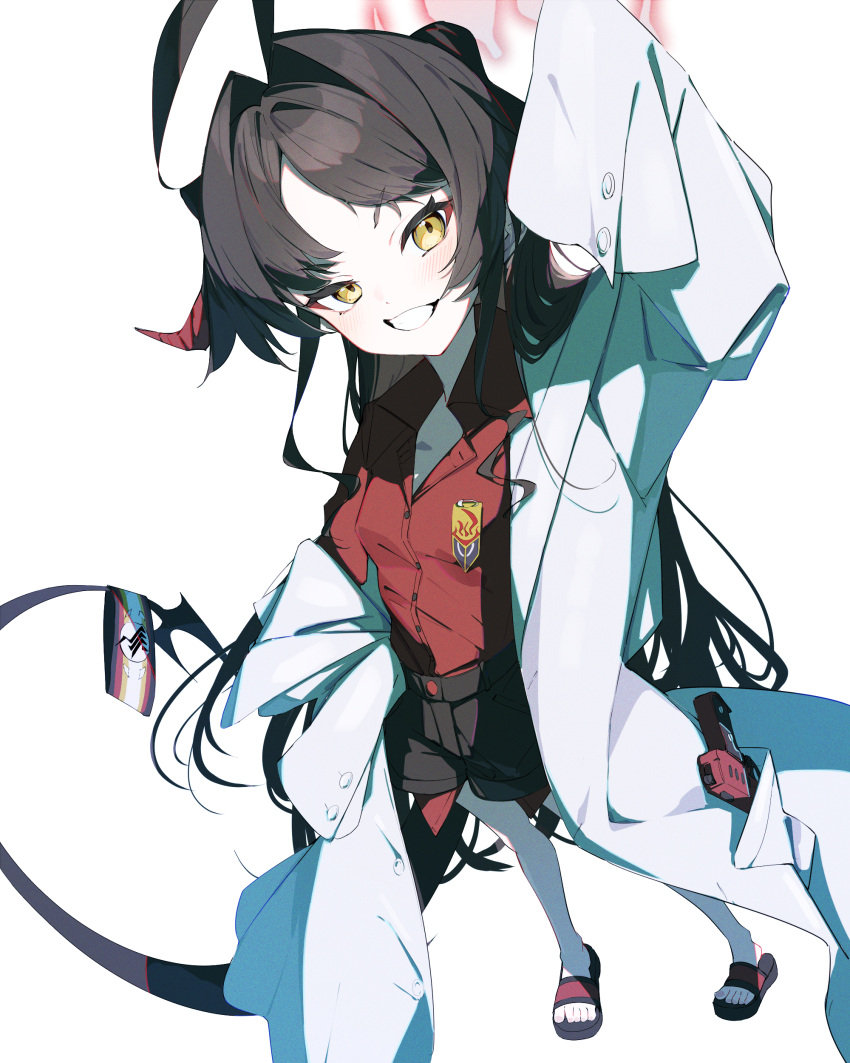 1girl, absurdres, ahoge, black_hair, black_shorts, blue_archive, coat, collared_shirt, grin, gun, highres, horns, karasuri, kasumi_(blue_archive), lab_coat, long_hair, long_sleeves, looking_at_viewer, off_shoulder, open_clothes, open_coat, red_shirt, sandals, shirt, shorts, simple_background, smile, solo, standing, tail, very_long_hair, weapon, white_background, white_coat, wide_sleeves, yellow_eyes