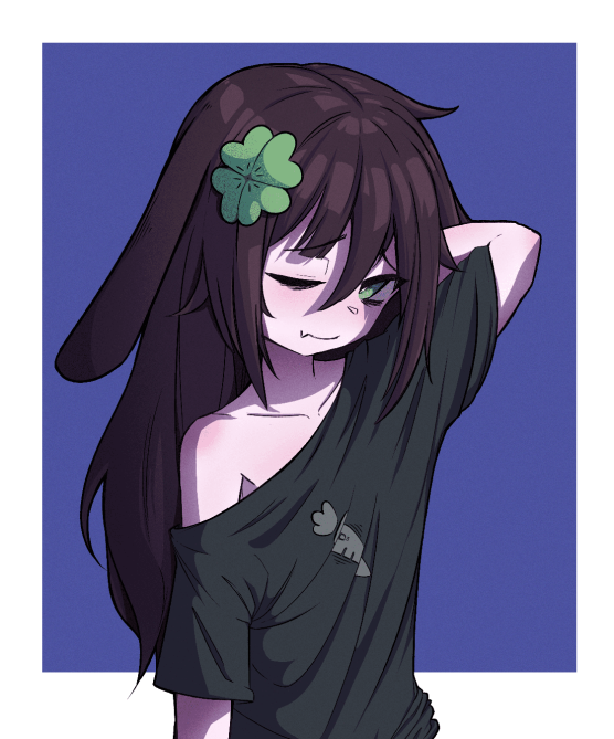 1girl, animal_ears, arm_behind_head, arm_up, black_shirt, blankcode, blue_background, border, brown_hair, carrot_print, closed_mouth, clover_hair_ornament, collarbone, fang, flat_chest, food_print, frown, green_eyes, hair_ornament, indie_virtual_youtuber, kiyomi_pyon-pyon, long_hair, looking_at_viewer, lop_rabbit_ears, off_shoulder, one_eye_closed, outside_border, oversized_clothes, oversized_shirt, rabbit_ears, rabbit_girl, shirt, skin_fang, sleepy, solo, virtual_youtuber, white_border