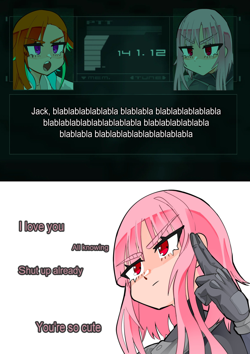 2girls, absurdres, closed_mouth, codec_call, english_text, gloves, highres, hololive