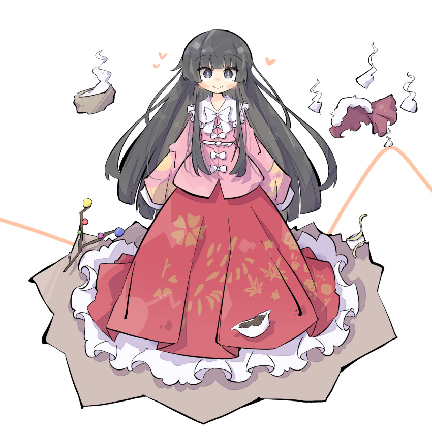 1girl, black_hair, blush_stickers, bow, bowl, branch, cape, closed_mouth