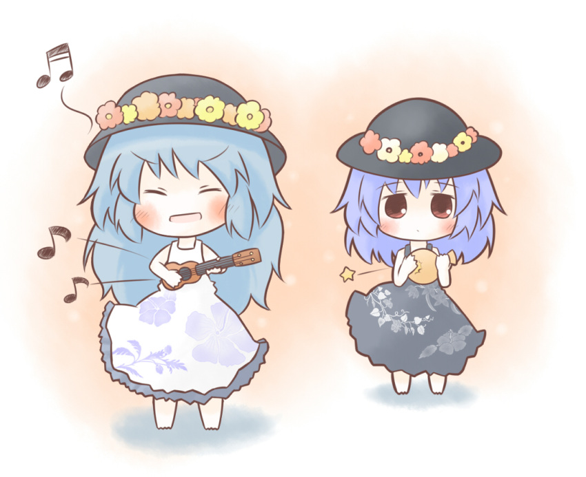 alternate_costume, blue_hair, blush, chibi, closed_eyes, contemporary, flower, hat