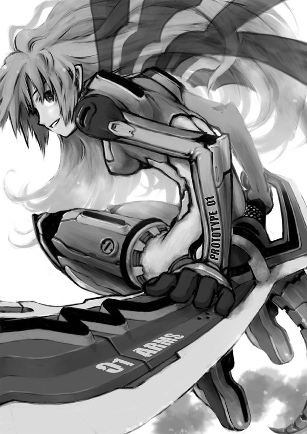 from_behind, gloves, long_hair, looking_back, mecha_musume, monochrome, open_mouth, original, sakura_misaki_(artist), sakura_misaki_(sakura_densetsu), sitting, sketch, solo