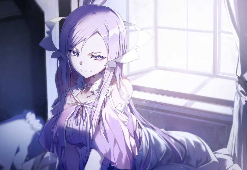 1girl, absurdres, bare_shoulders, bed, collarbone, dress, highres, indoors