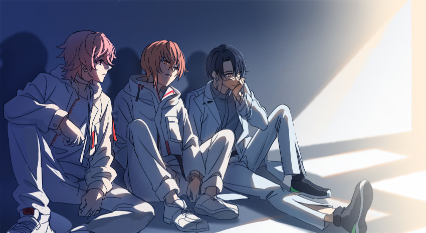 1nm8_(paradox_live), 3boys, black_hair, full_body, glasses, highres, itsuki_(paradox_live), jacket