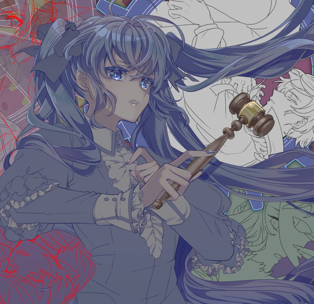4girls, blonde_hair, blue_dress, blue_eyes, blue_hair, blue_nails, clockworker's_doll, collared_dress