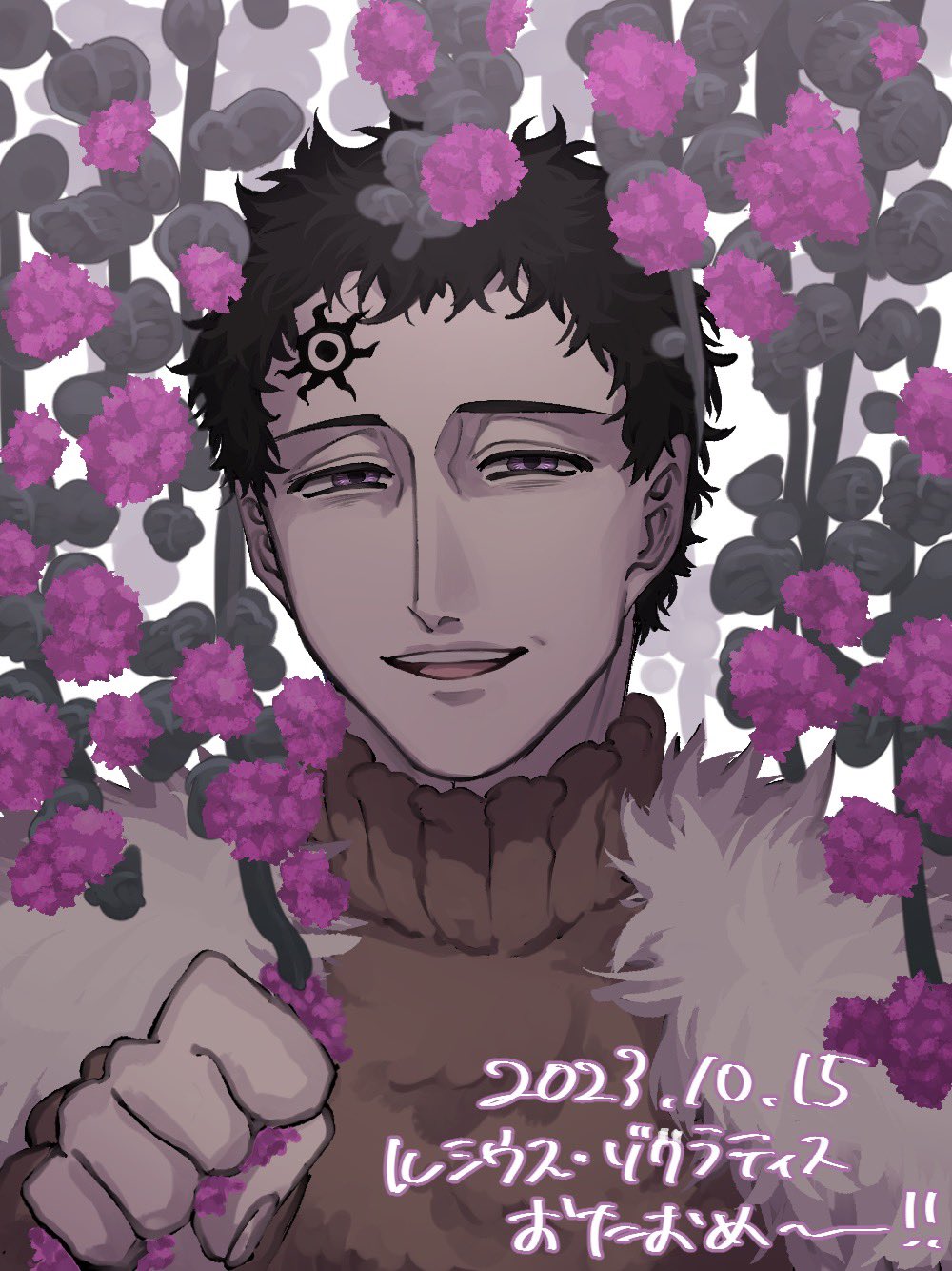 1boy, black_clover, black_hair, brown_robe, clenched_hand, facial_mark, flower, forehead_mark