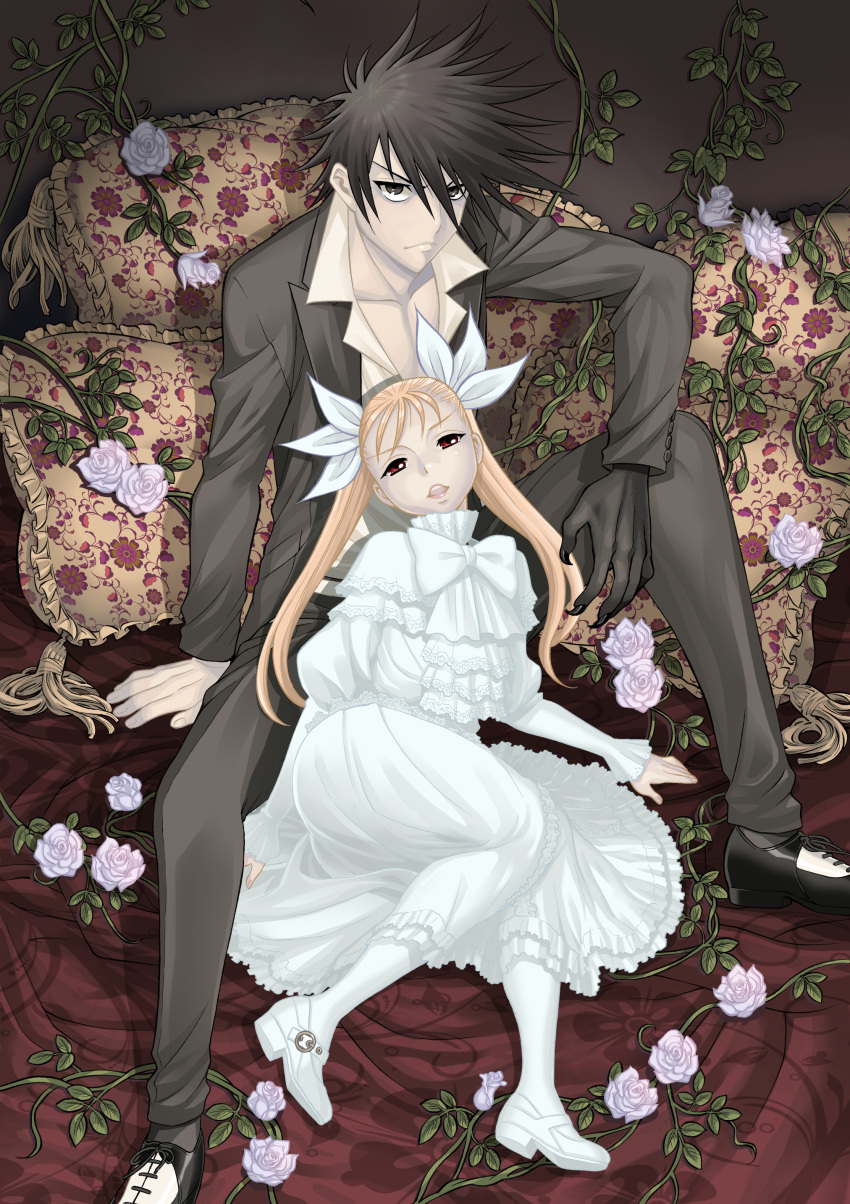 1boy, 1girl, absurdres, black_eyes, black_footwear, black_hair, blonde_hair, dance_in_the_vampire_bund