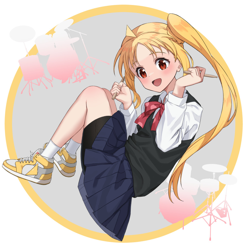 1girl, :d, absurdres, black_shirt, blonde_hair, blue_skirt, blush, bocchi_the_rock!
