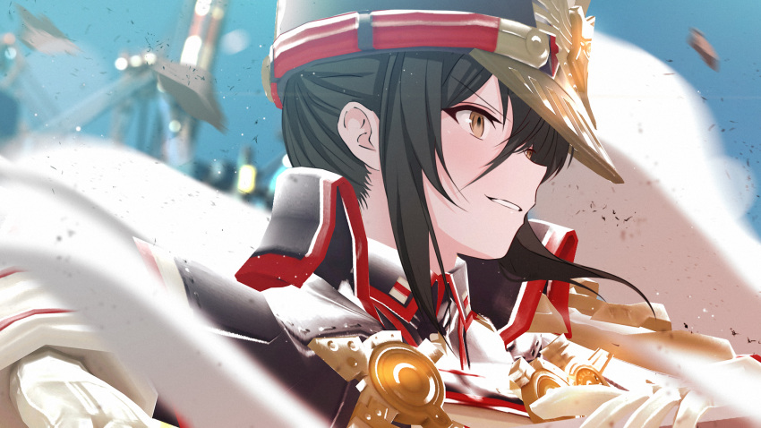1girl, arms_up, black_hair, blurry, brown_eyes, collared_shirt, depth_of_field, dust