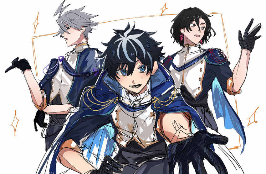 3boys, :d, :o, ahoge, alternate_costume, araiyoko_(fxcw5834), beckoning, black_eyes, black_gloves, black_hair, black_jacket, black_pants, blue_cape, blue_capelet, blue_eyes, buttons, cape, capelet, charlemagne_(fate), constantine_xi_(fate), cowboy_shot, double-breasted, earrings, facial_mark, fate/grand_order, fate_(series), gloves, grey_eyes, grey_hair, hair_between_eyes, hand_on_own_hip, highres, hood, hood_down, hooded_cape, idol, idol_clothes, jacket, james_moriarty_(ruler)_(fate), jewelry, leaning_forward, lightning_ahoge, looking_at_viewer, looking_to_the_side, male_focus, multicolored_clothes, multicolored_hair, multicolored_jacket, multiple_boys, pants, pointing, profile, short_hair, side_cape, simple_background, sketch, sleeves_rolled_up, smile, sparkle, standing, streaked_hair, two-tone_hair, two-tone_jacket, uniform, upper_body, waving, white_background, white_hair, white_jacket