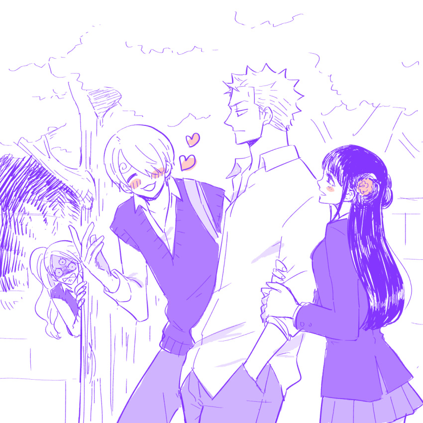 2boys, 2girls, alternate_costume, arm_grab, blush, charlotte_pudding, closed_eyes, closed_mouth