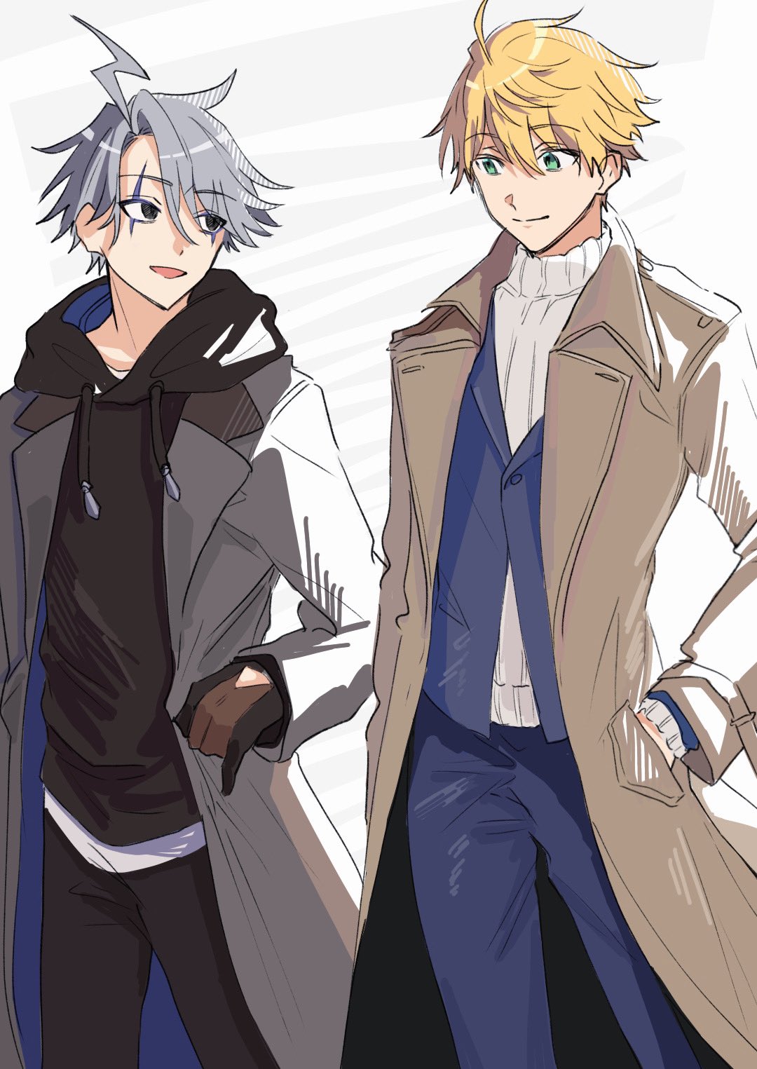 2boys, :d, ahoge, alternate_costume, araiyoko_(fxcw5834), arthur_pendragon_(fate), black_eyes, black_gloves