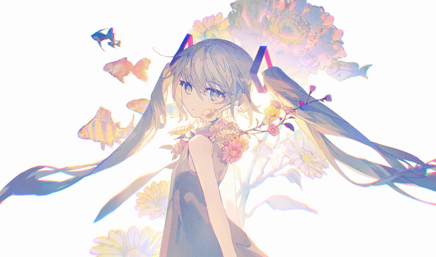 1girl, aqua_eyes, aqua_hair, arms_at_sides, backlighting, bare_arms, branch, branch_on_shoulder