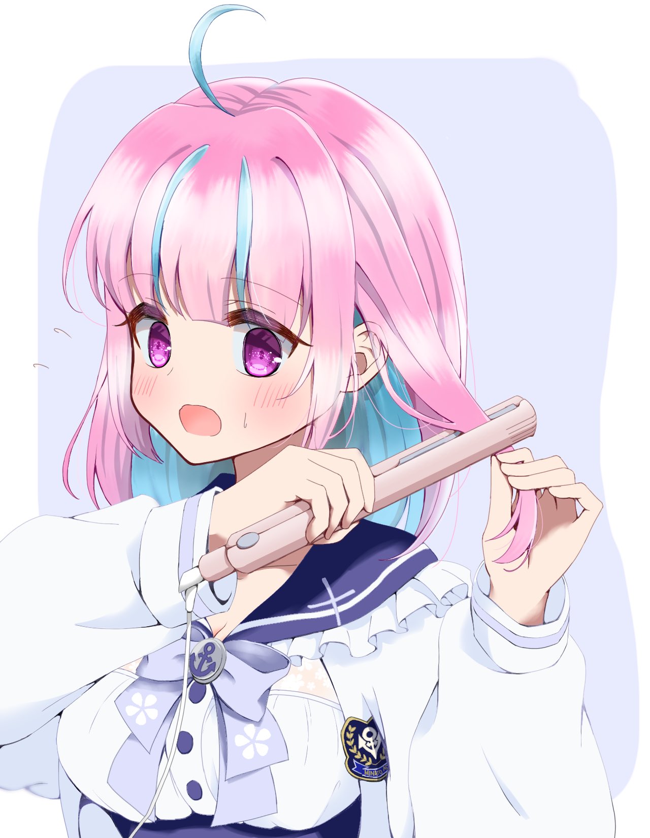 1girl, anchor_symbol, bob_cut, bow, colored_inner_hair, hair_straightener, highres, hololive
