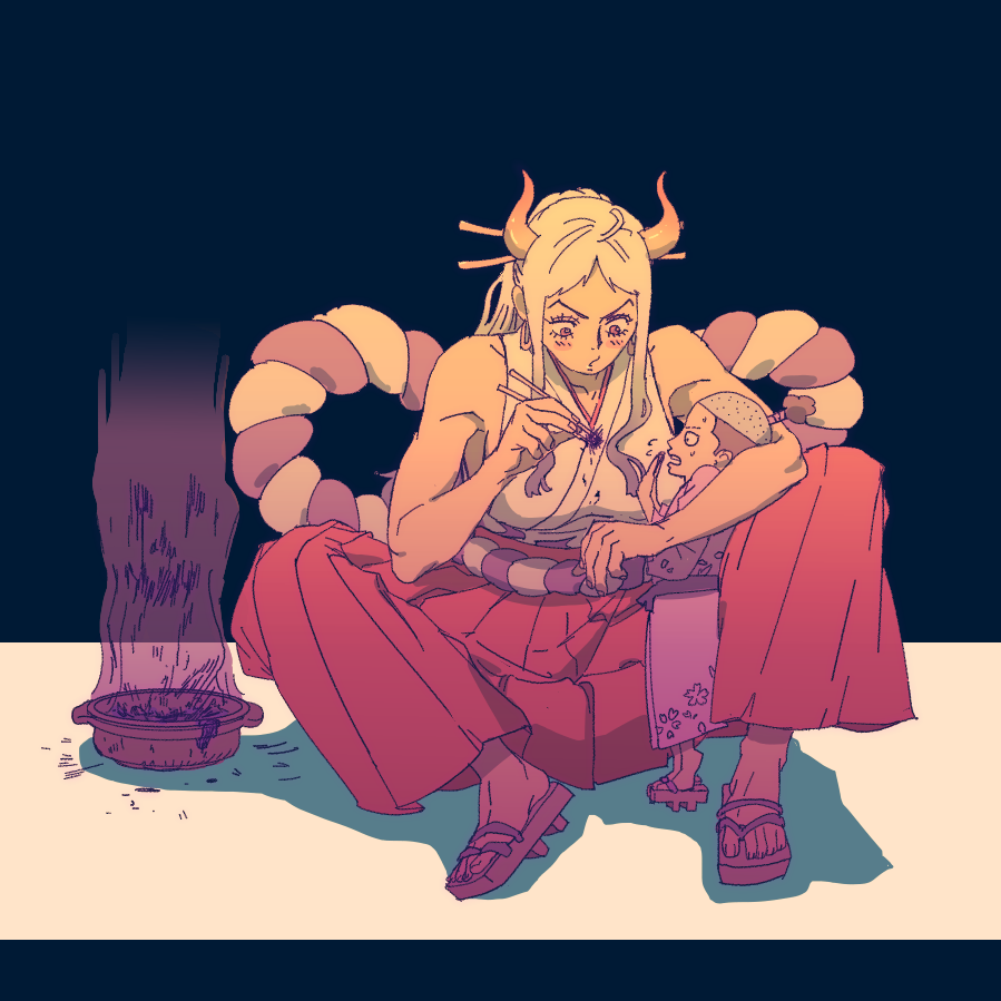 1boy, 1girl, bare_shoulders, black_hair, blush, chopsticks, earrings, full_body, hair_ornament, hair_stick, high_ponytail, holding, holding_chopsticks, horns, japanese_clothes, jewelry, knees_up, long_hair, momonosuke_(one_piece), multicolored_hair, multicolored_horns, obobkkp, one_piece, oni, oni_horns, open_mouth, ponytail, rope, sandals, shimenawa, sleeveless, standing, teeth, traditional_clothes, yamato_(one_piece)