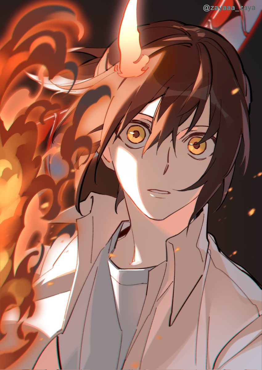 1boy, brown_hair, energy_horns, highres, looking_at_viewer, male_focus, orange_eyes, parted_lips