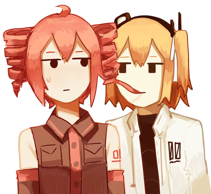 2girls, :|, absurdres, adachi_rei, ahoge, antennae, arms_at_sides, behind_another