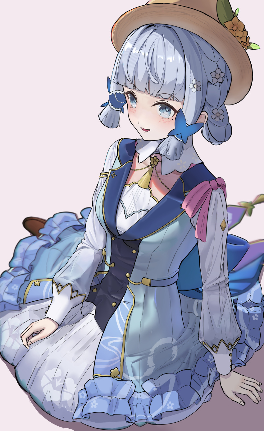 1girl, absurdres, back_bow, blue_bow, blunt_bangs, blush, boots, bow, braid, breasts, brown_footwear, brown_headwear, butterfly_hair_ornament, collar, dakechacha, flower, genshin_impact, hair_flower, hair_ornament, hat, hat_flower, highres, kamisato_ayaka, kamisato_ayaka_(springbloom_missive), long_sleeves, looking_at_viewer, medium_breasts, mole, mole_under_eye, official_alternate_costume, official_alternate_hairstyle, open_mouth, puffy_long_sleeves, puffy_sleeves, shadow, short_hair, simple_background, sitting, smile, solo, white_background, white_collar, yokozuwari
