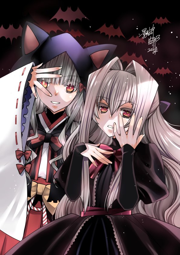 2girls, animal_hood, black_dress, blunt_bangs, bow, commission, dated, dress
