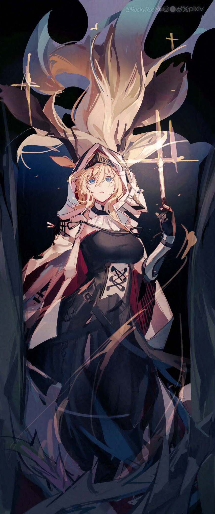 absurdres, animal_ears, antlers, antlers_through_hood, arknights, black_background, black_dress, blonde_hair