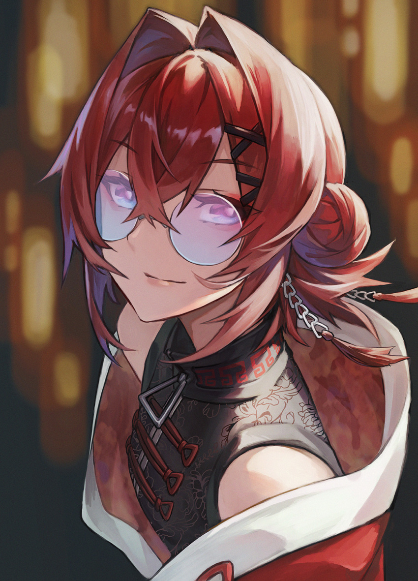 1girl, a-er_(akkij0358), ange_katrina, ange_katrina_(7th_costume), bare_shoulders, bespectacled, black_dress, blue_eyes, china_dress, chinese_clothes, closed_mouth, dress, flat_chest, glasses, hair_between_eyes, hair_bun, hair_intakes, hair_ornament, highres, jacket, long_hair, looking_at_viewer, nijisanji, off_shoulder, red_jacket, redhead, sleeveless, sleeveless_dress, smile, solo, virtual_youtuber, x_hair_ornament