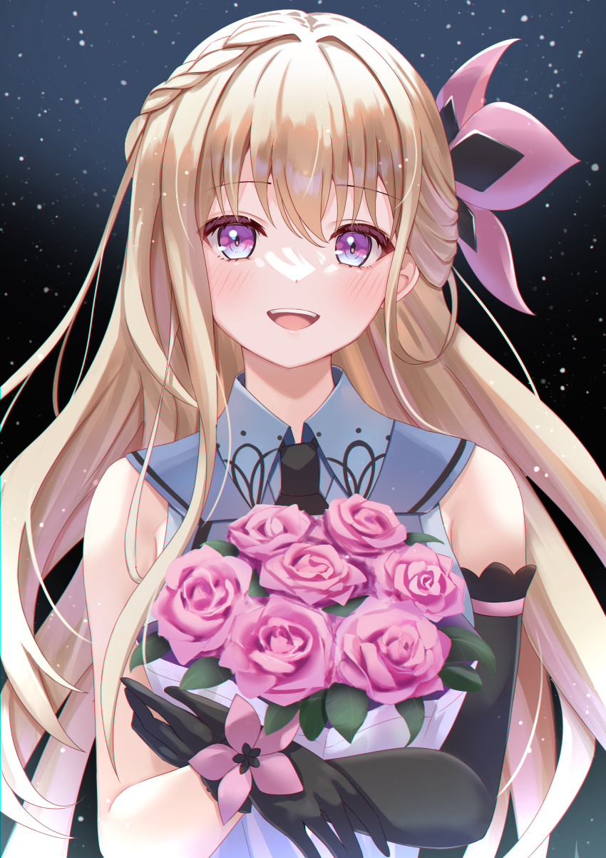 1girl, absurdres, amanohoshi_chiroru, black_gloves, black_sleeves, blonde_hair, blue_shirt, bouquet