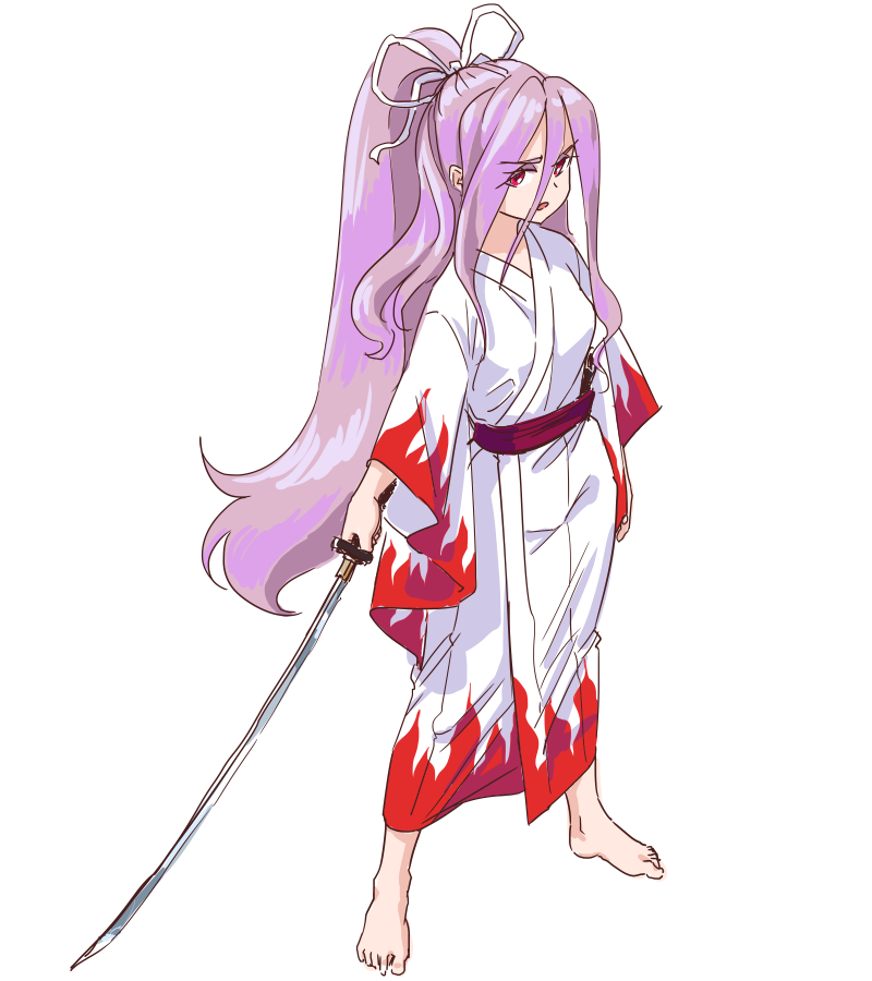 1girl, barefoot, belt, bow, fighting_stance, hair_bow, japanese_clothes, kimono