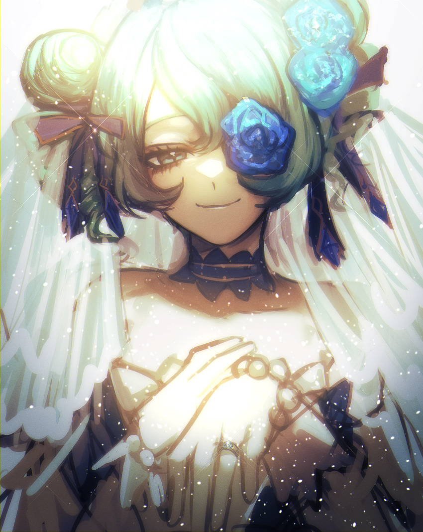 1girl, bare_shoulders, black_choker, black_ribbon, blue_flower, choker, closed_mouth, collarbone, double_bun, drill_hair, flower, gwen_(league_of_legends), hair_bun, hair_flower, hair_ornament, hair_ribbon, half-closed_eye, hands_up, highres, jewelry, league_of_legends, one_eye_covered, prestige_crystal_rose_gwen, ribbon, ring, smile, solo, twin_drills, upper_body, veil, wcag3578