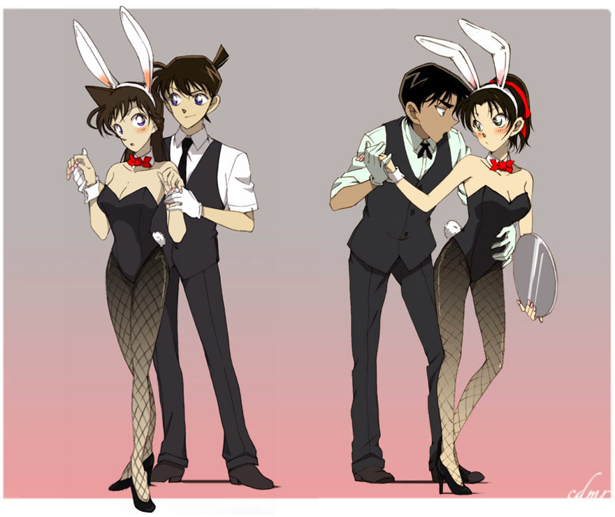 2girls, animal_ears, bad_id, black_hair, bunny_ears, bunnysuit, detective_conan, fishnet_pantyhose, fishnets, gloves, gradient, gradient_background, grey_background, hattori_heiji, kudou_shin'ichi, kudou_shinichi, legs, long_hair, mo_ko, mouri_ran, multiple_boys, multiple_girls, pantyhose, pink_background, rabbit_ears, short_hair, tooyama_kazuha, tray, waiter
