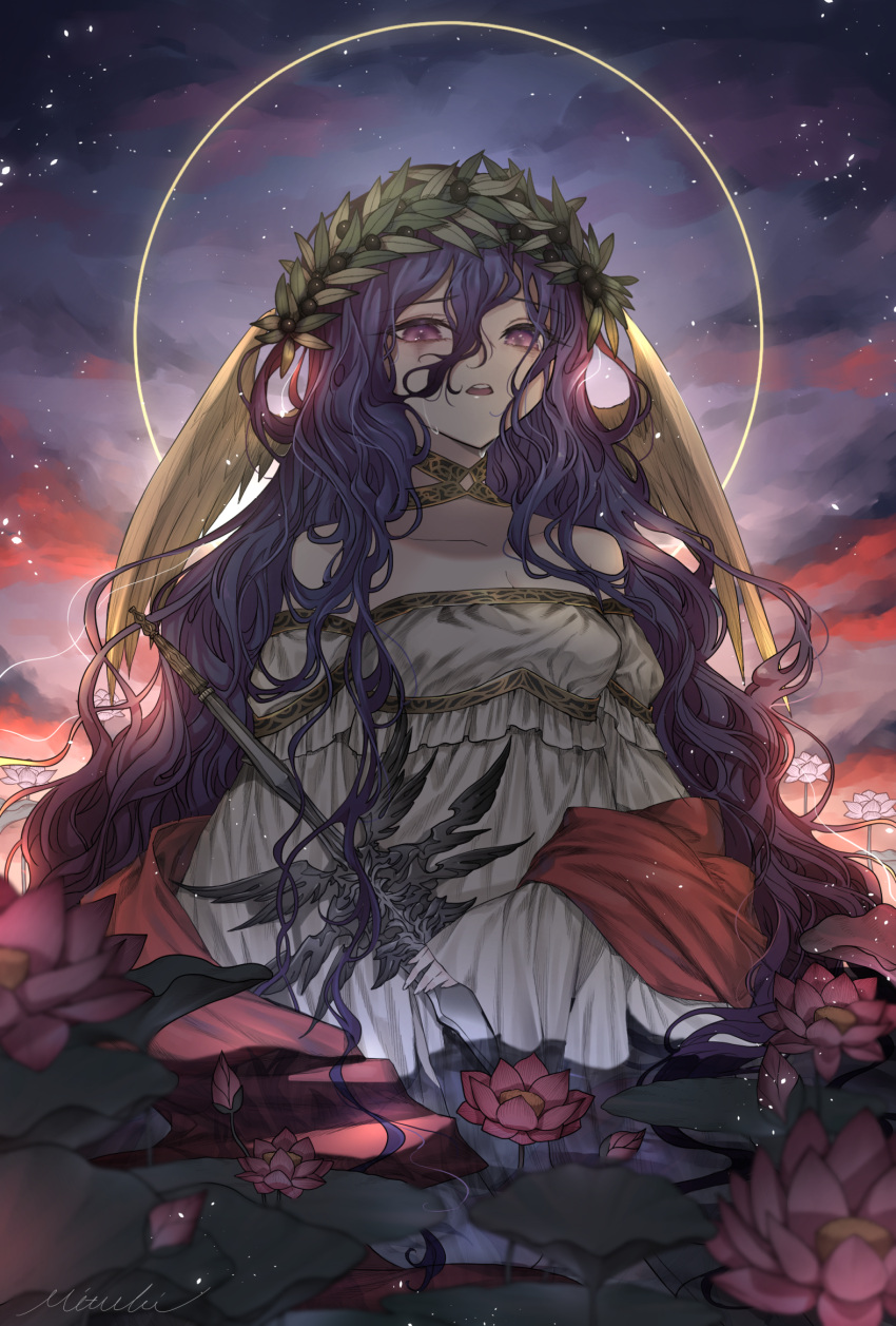 1girl, bags_under_eyes, bell_sleeves, chocolate4170615, clouds, collar, dress, dusk