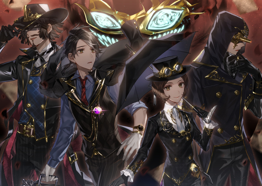 1girl, 4boys, :d, adjusting_clothes, aesop_carl, aesop_carl_(trickster), airm, belt