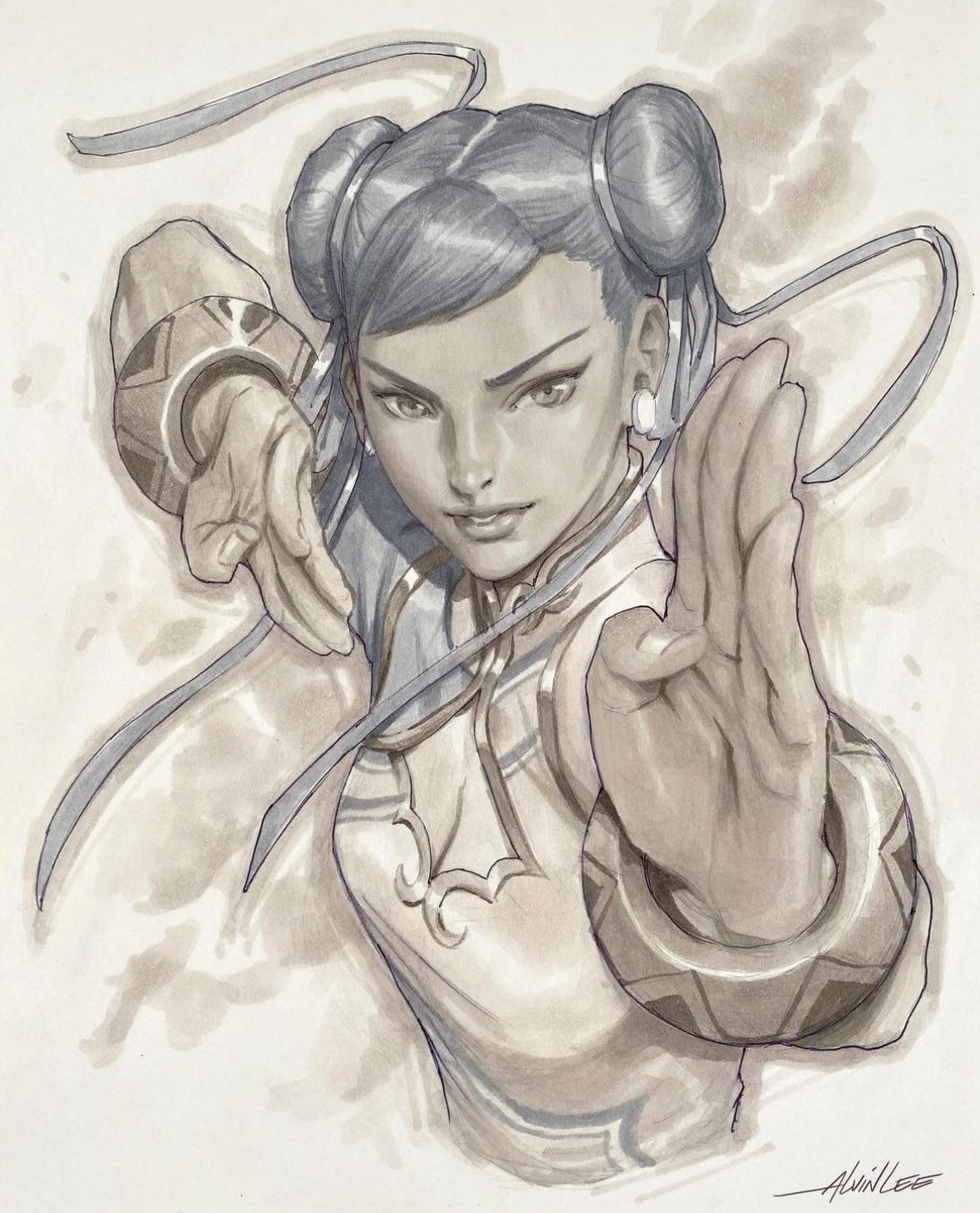 alvin_lee, chun-li, cleavage_cutout, clothing_cutout, double_bun, eyeshadow, fighting_stance, hair_bun