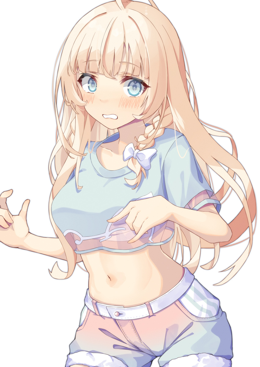 1girl, absurdres, belt, blonde_hair, blue_eyes, blush, braid, cropped_shirt, highres, hololive, kazama_iroha, kazama_iroha_(streetwear), kisara_mikami, long_hair, midriff, navel, no_jacket, shorts, twin_braids, virtual_youtuber, white_background