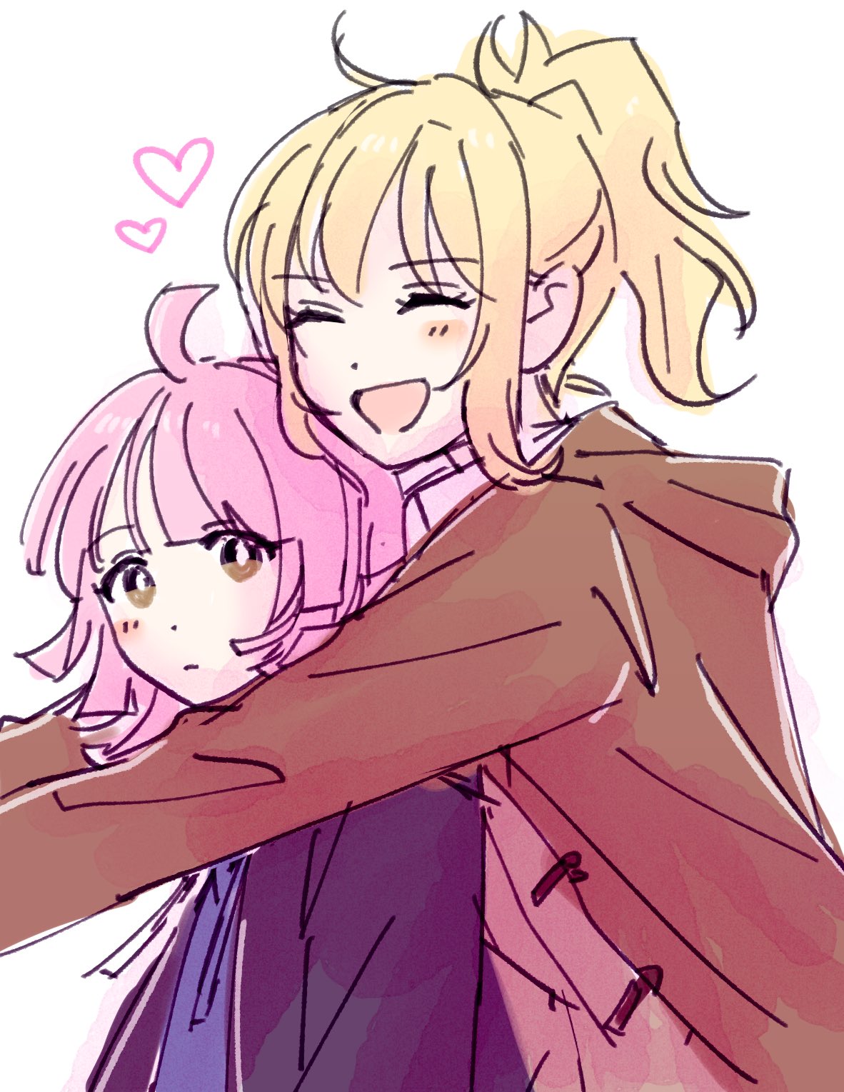 2girls, ahoge, blonde_hair, blue_jacket, blunt_bangs, blunt_ends, brown_jacket, closed_eyes
