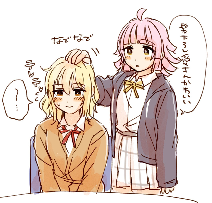 ..., 2girls, ahoge, blonde_hair, blue_hoodie, blunt_bangs, blunt_ends, chair, closed_mouth, commentary_request, gyaru, hair_between_eyes, hair_down, hand_on_another's_head, headpat, heart, highres, hood, hoodie, light_blush, looking_down, love_live!, love_live!_nijigasaki_high_school_idol_club, medium_hair, miyashita_ai, motion_lines, multiple_girls, nijigasaki_academy_school_uniform, orange_eyes, parted_lips, pink_hair, school_uniform, sitting, sketch, smile, solllolll, sound_effects, speech_bubble, sweatdrop, table, tennoji_rina, translation_request, wavy_hair, white_background, yellow_eyes