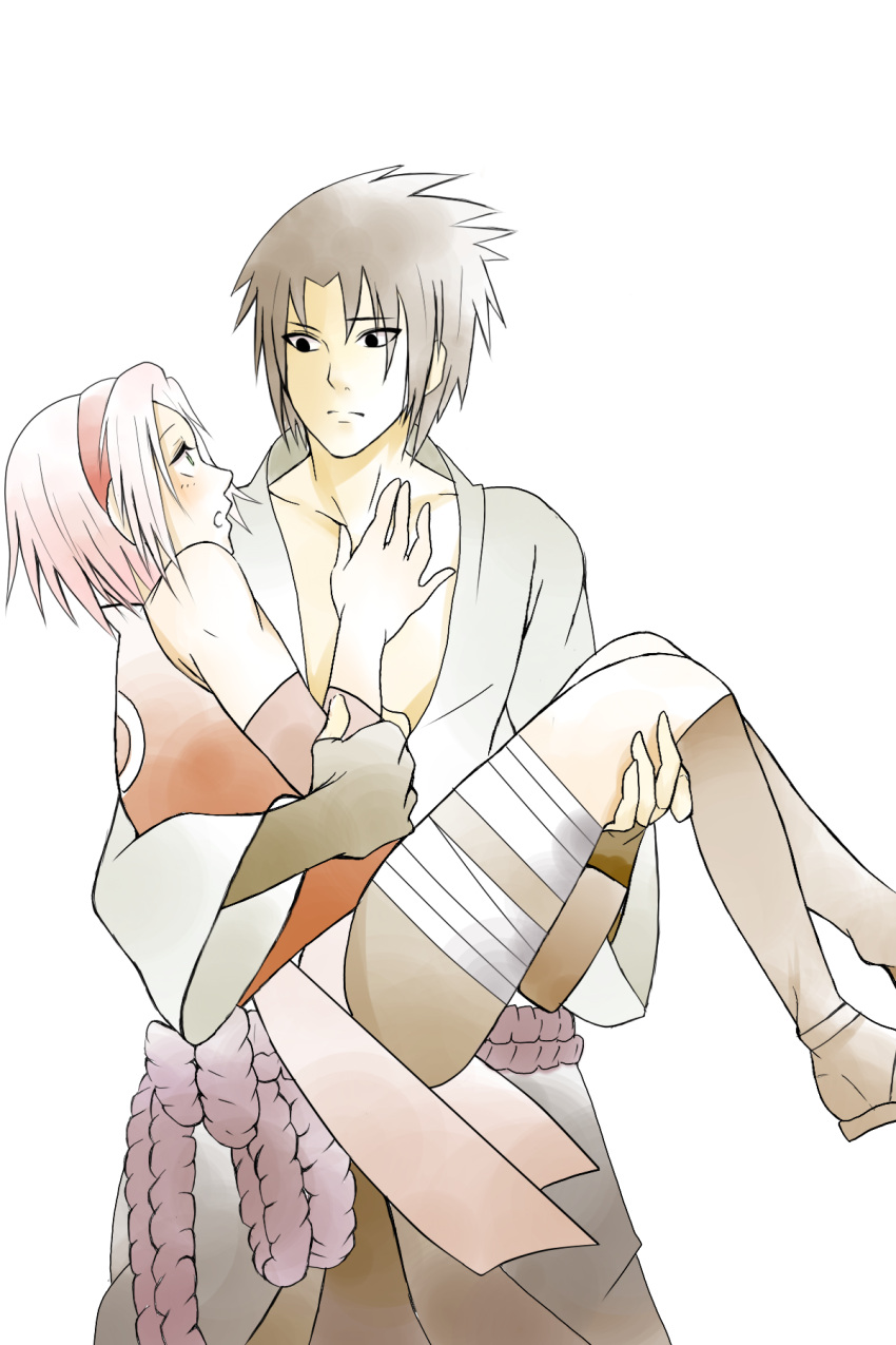 1girl, black_hair, blush, bridal, carrying, couple, green_eyes, haruno_sakura, highres, naruto, pink_hair, princess_carry, uchiha_sasuke