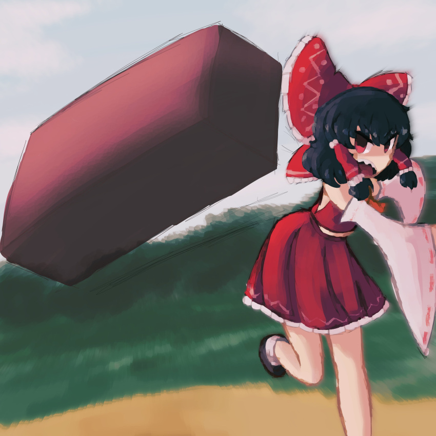 1girl, absurdres, black_hair, bow, brick, commentary, detached_sleeves, english_commentary