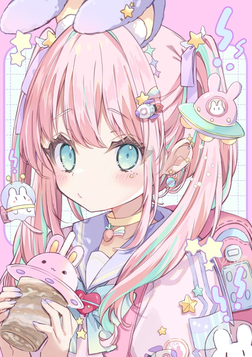 1girl, animal_ears, blue_eyes, blush, closed_mouth, fake_animal_ears, hair_between_eyes, hair_ornament