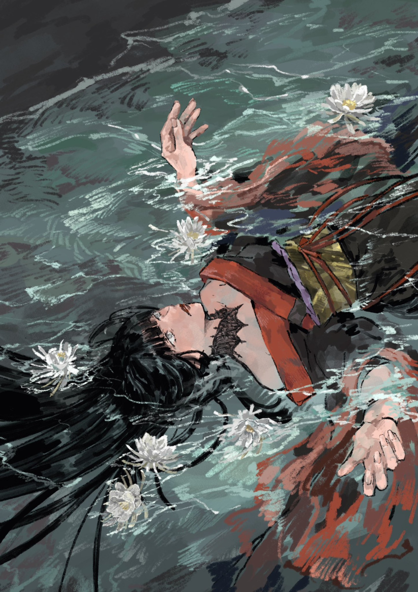 1girl, afloat, black_collar, black_hair, black_kimono, blunt_bangs, collar, commentary