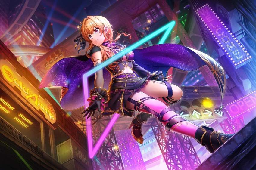 brown_hair, d4dj, dress, kase_mana, long_hair, pink_eyes, smile, wink