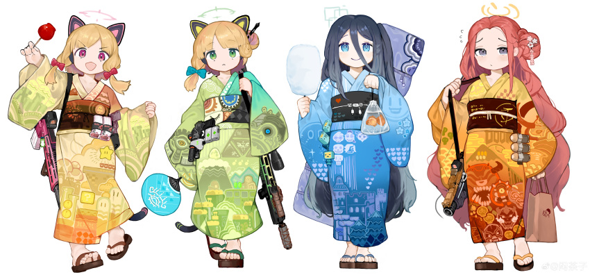 4girls, ?_block, absurdres, alternate_costume, animal_ear_headphones, animal_ears, aris_(blue_archive), bag