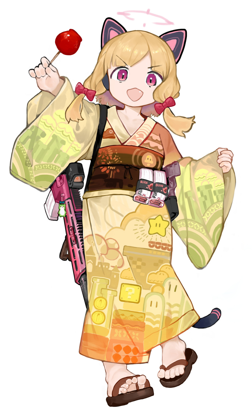 1girl, ?_block, absurdres, alternate_costume, animal_ear_headphones, animal_ears, battle_rifle, blonde_hair