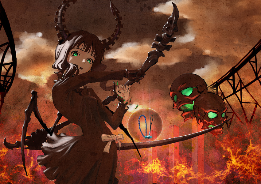 amon_(mulciber), black_dress, black_hair, black_rock_shooter, cellphone_strap, curly_hair, dead_master, dress, green_eyes, highres, horns, long_hair, scythe, skull, solo, wings