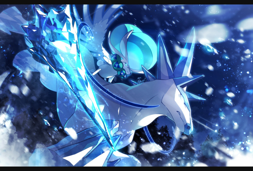 blurry, calyrex, calyrex_(ice_rider), commentary_request, from_side, glastrier, glowing, highres